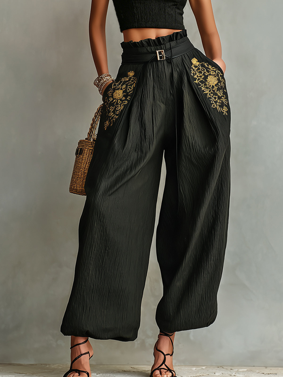 Black Smocked Crop Top & Wide-Leg Belted Pants Set With Embroidered Pockets