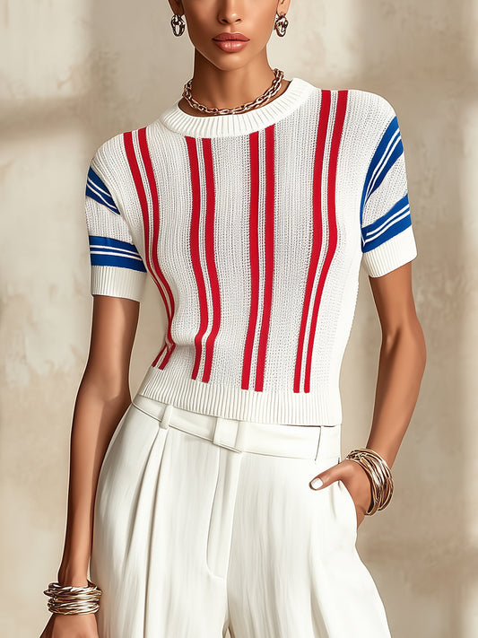 White Knit Short Sleeve Top With Red And Blue Stripes