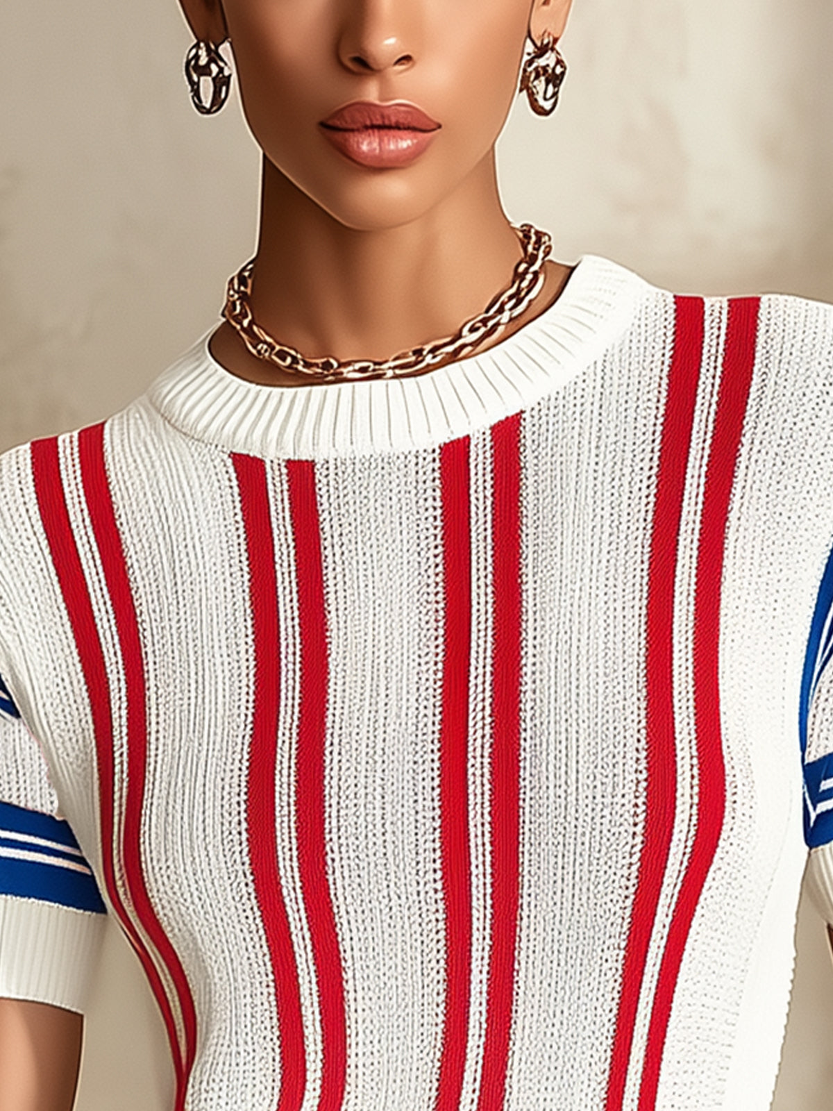 White Knit Short Sleeve Top With Red And Blue Stripes