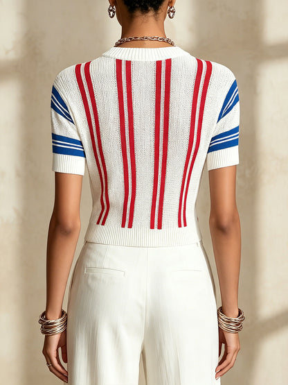 White Knit Short Sleeve Top With Red And Blue Stripes