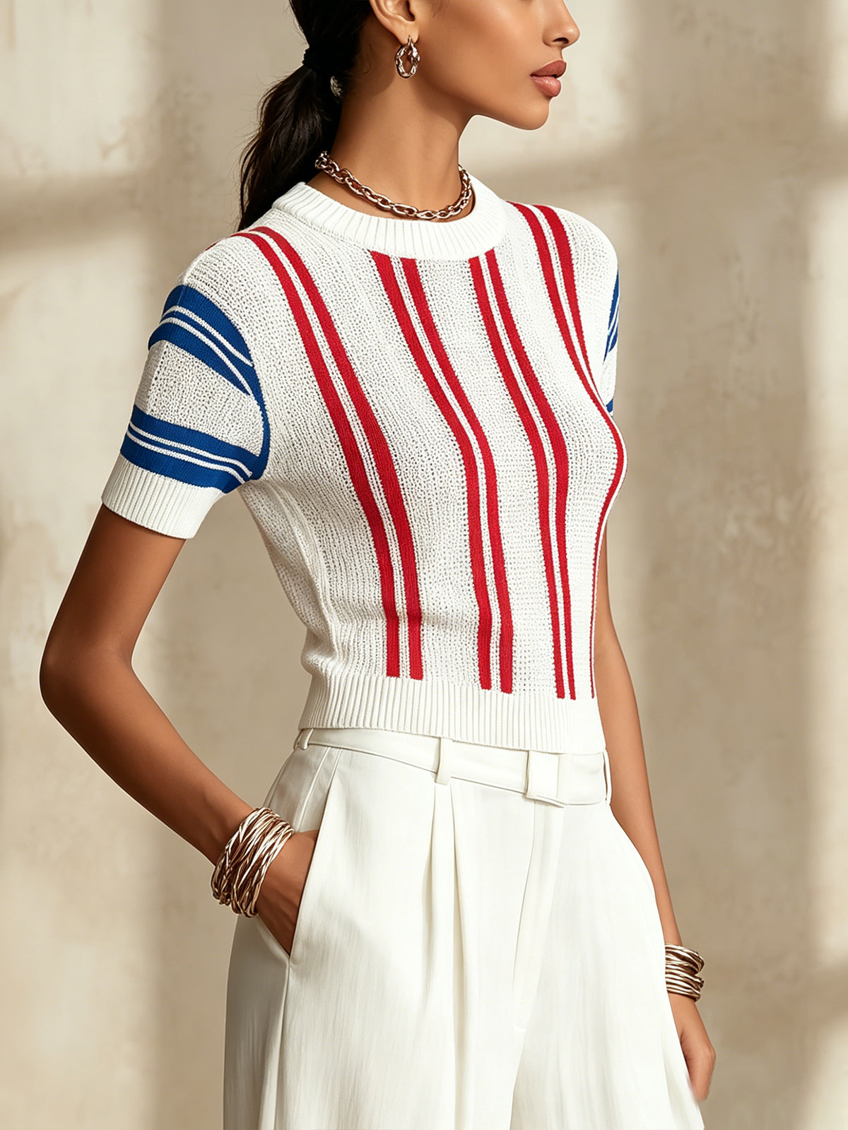 White Knit Short Sleeve Top With Red And Blue Stripes