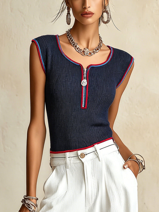Navy Ribbed Knit Tank Top With Zip Neck And Contrast Trim