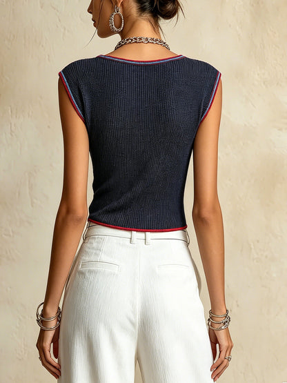 Navy Ribbed Knit Tank Top With Zip Neck And Contrast Trim