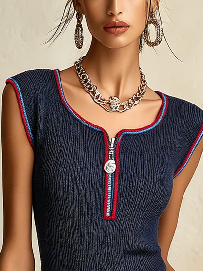 Navy Ribbed Knit Tank Top With Zip Neck And Contrast Trim