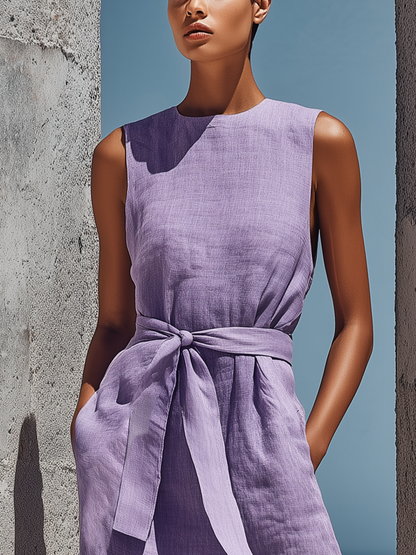 Women’s Lavender Linen Sleeveless Crew Neck Self Tie Waist Front Side Slit Maxi Dress With Side Pockets MDZ2277F9T