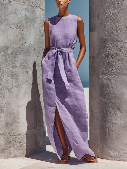 Women’s Lavender Linen Sleeveless Crew Neck Self Tie Waist Front Side Slit Maxi Dress With Side Pockets MDZ2277F9T