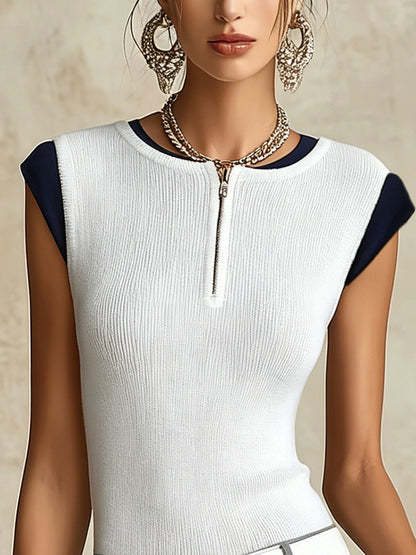 White Ribbed Knit Tank Top With Zip Neck And Navy Trim