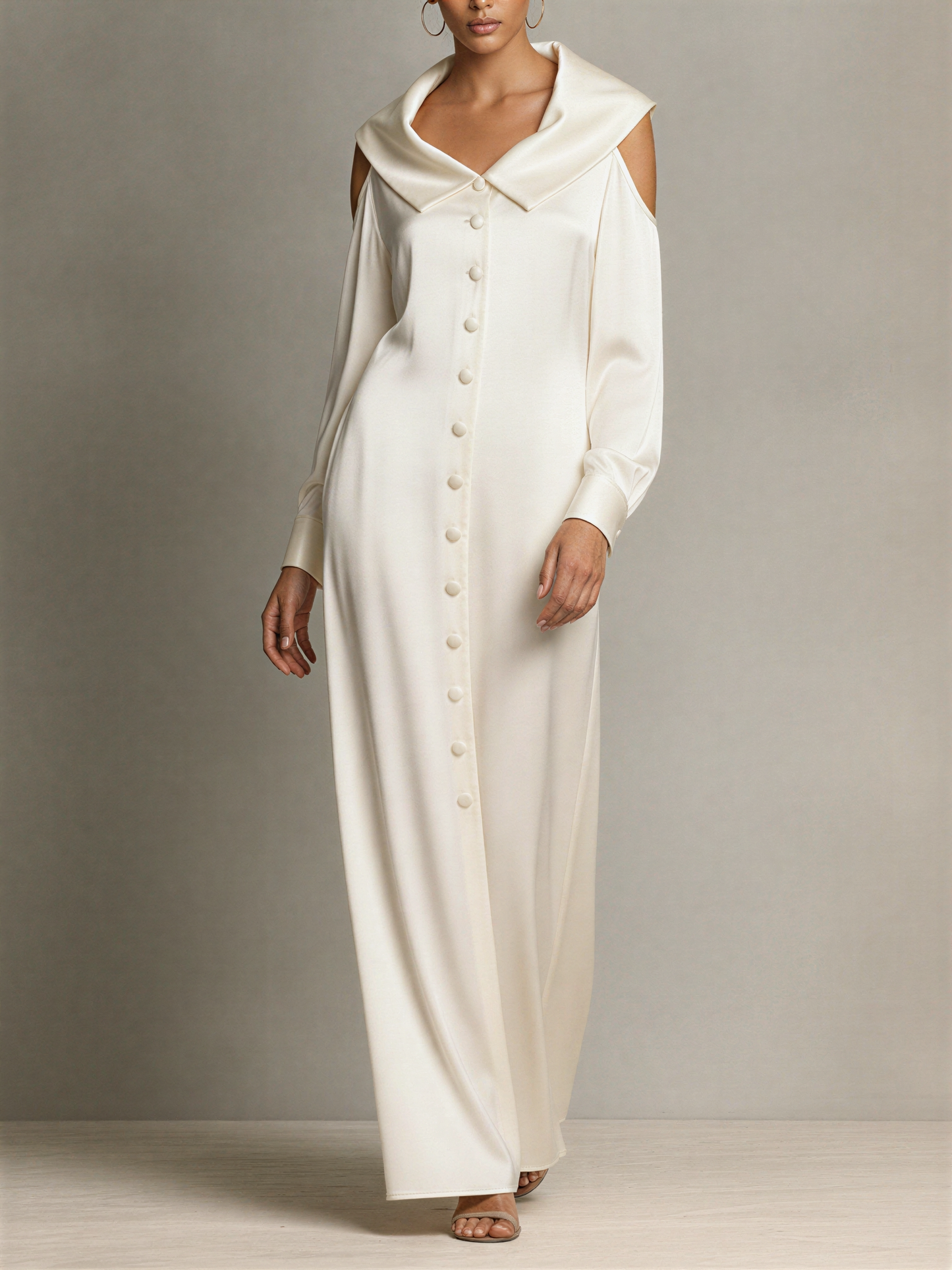 Women's Ivory Silky Satin Shirt Gown With Oversized Lapel Collar & Shoulder Cutout Detail, Minimalist Luxury Elegant Evening Gown MDZ2367F6LYL