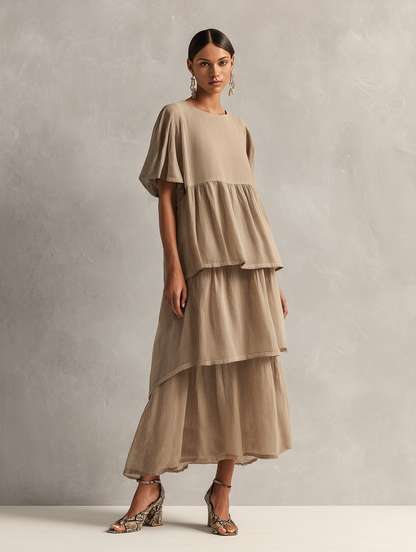 Women's Minimalist Linen-Blend Short-Sleeve Maxi Dress With Tiered Hem MDZ2371F5WY