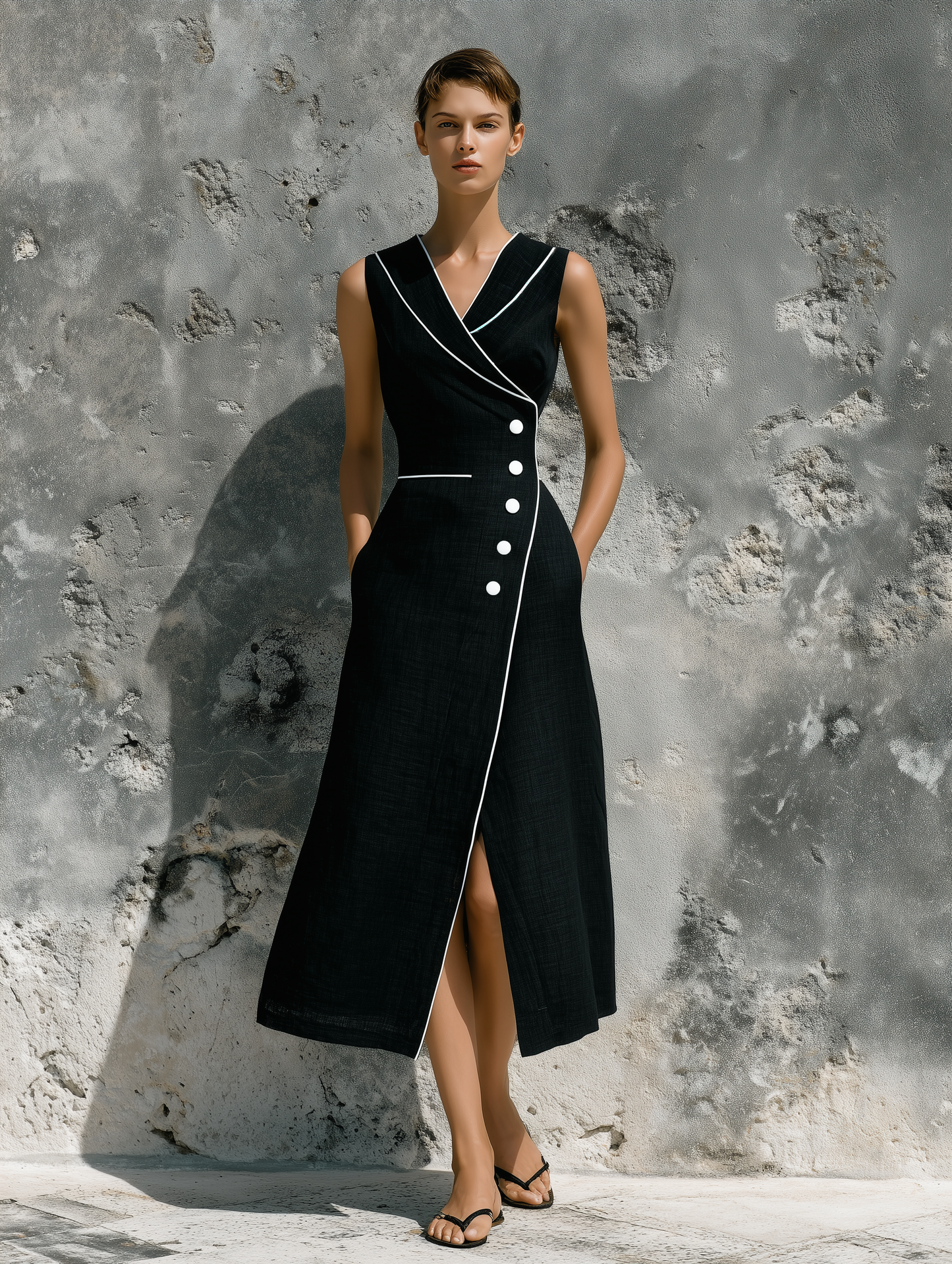 Women’s Black Linen Sleeveless Wrap V-Neck White Piping Trim Button Front Side Slit Midi Dress With Side Pockets MDZ2306F3T