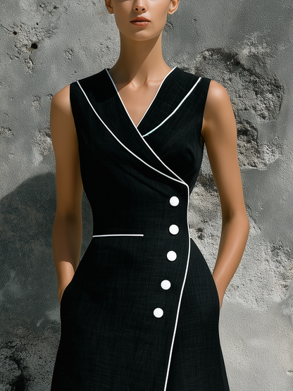 Women’s Black Linen Sleeveless Wrap V-Neck White Piping Trim Button Front Side Slit Midi Dress With Side Pockets MDZ2306F3T