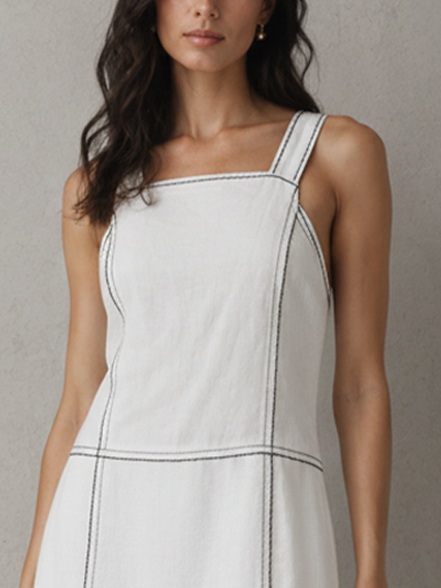 Women's Minimal Commuter Style Pure White Linen-Cotton Contrast Stitch Square Straight Midi Dress MDZ2384F9GMJ