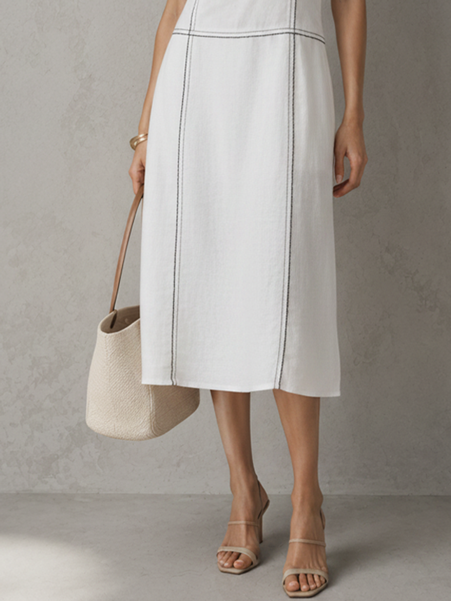 Women's Minimal Commuter Style Pure White Linen-Cotton Contrast Stitch Square Straight Midi Dress MDZ2384F9GMJ