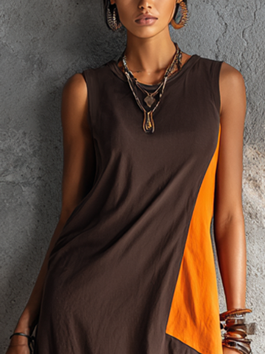 Women's Casual Style Dark Brown And Bright Orange Color-Blocked Cotton Blend Sleeveless Irregular Patchwork Long Dress MDZ2419F3GMJ