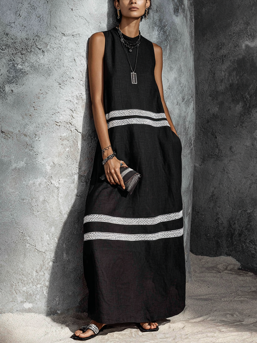 Women's Minimalist Black Cotton Linen And White Lace Sleeveless Long Dress MDZ2461F4GMJ