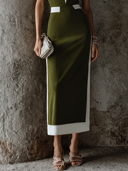 Women’s Commuter Style Olive Green And White Color Block Cotton Blend Lapel V-Neck Contrast Trim Slim Midi Dress MDZ2494F0GMJ
