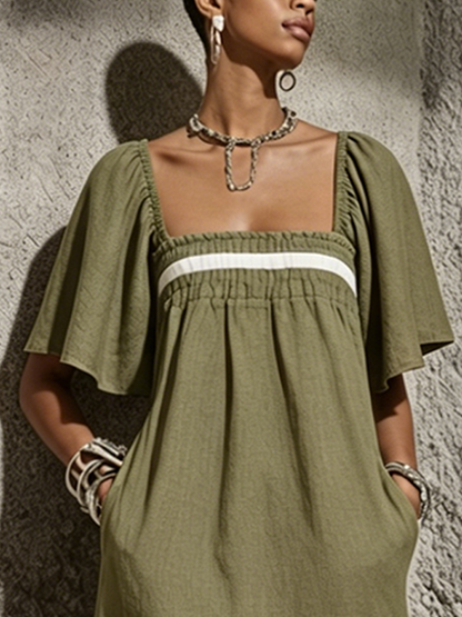 Women's Casual Military Green And Off-White Color-Blocked Cotton And Linen Square Neck Elastic Pleated Midi Dress MDZ2445F3GMJ