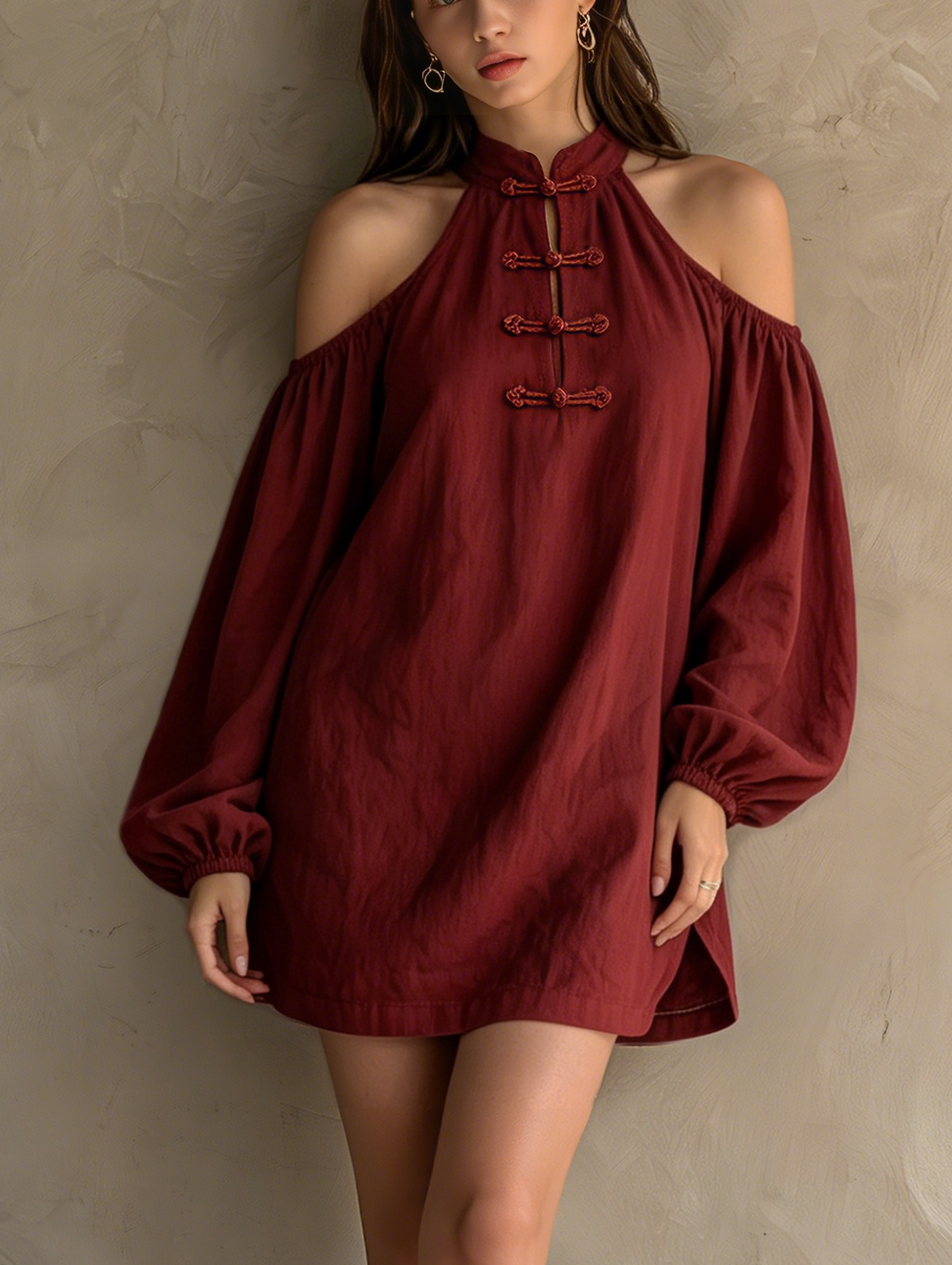 Women's Casual Dark Red Cotton-linen Off-shoulder Long-sleeve Mini Dress MDZ2597F7LXY