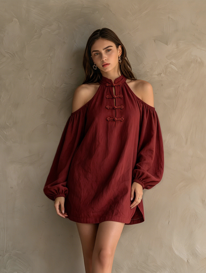 Women's Casual Dark Red Cotton-linen Off-shoulder Long-sleeve Mini Dress MDZ2597F7LXY