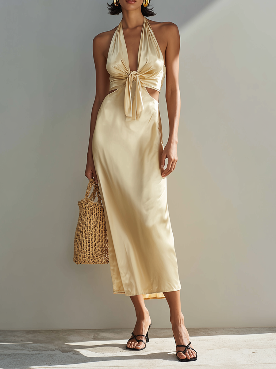 Women's Minimalist Champagne Satin Halter-Neck Midi Dress With Side Cut-Outs MDZ2634F4ZRK
