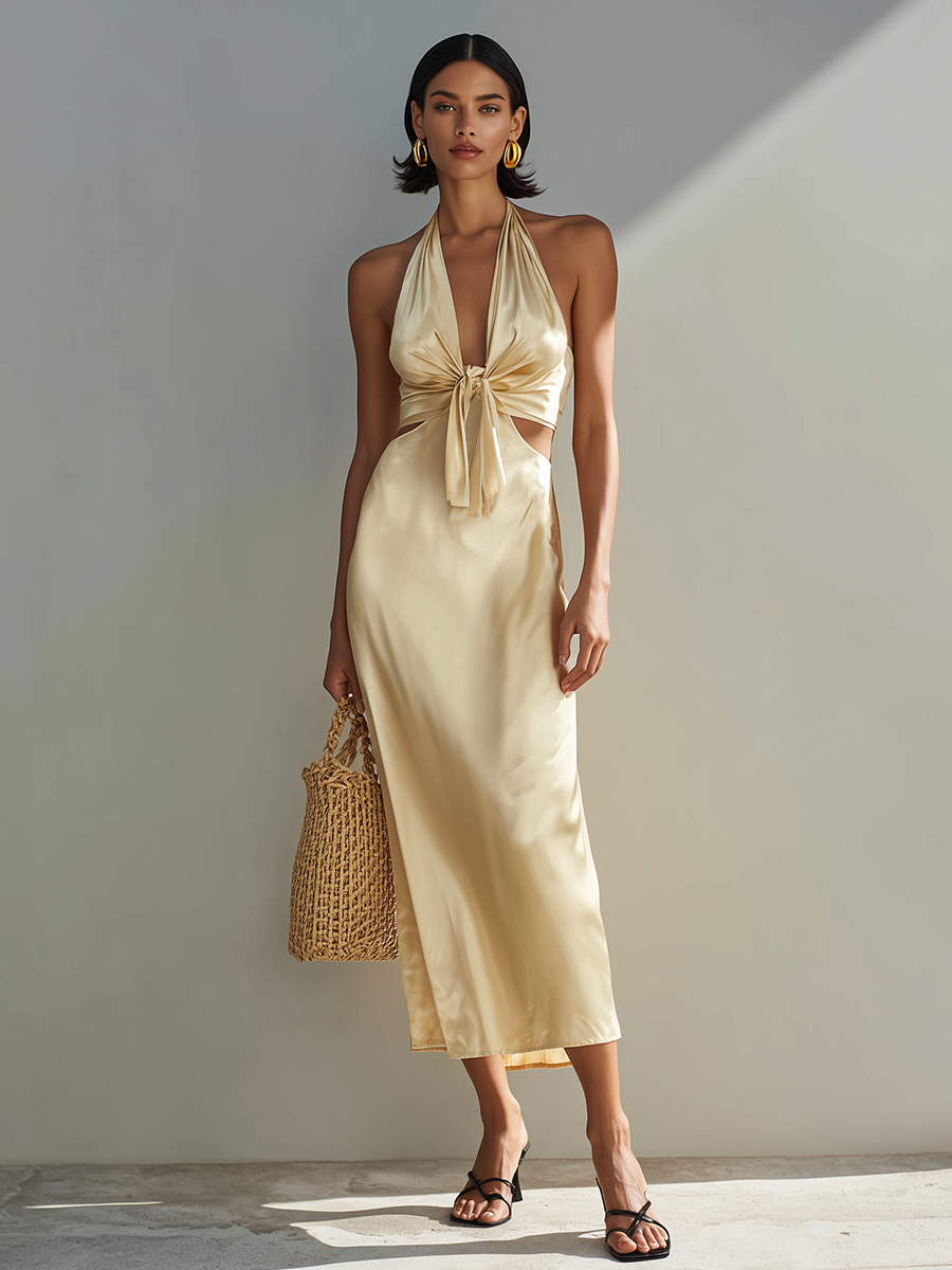 Women's Minimalist Champagne Satin Halter-Neck Midi Dress With Side Cut-Outs MDZ2634F4ZRK