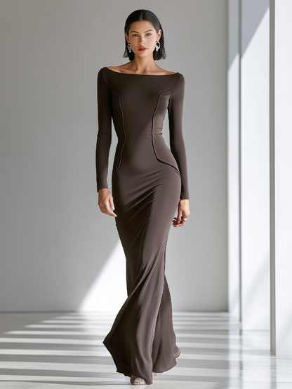Women's Chocolate Brown Figure-Hugging Jersey Gown With Wide Boat Neck & Vertical Contour Seams, Contemporary Versatile Cocktail Floor Length Dress MDZ2653F0LYL