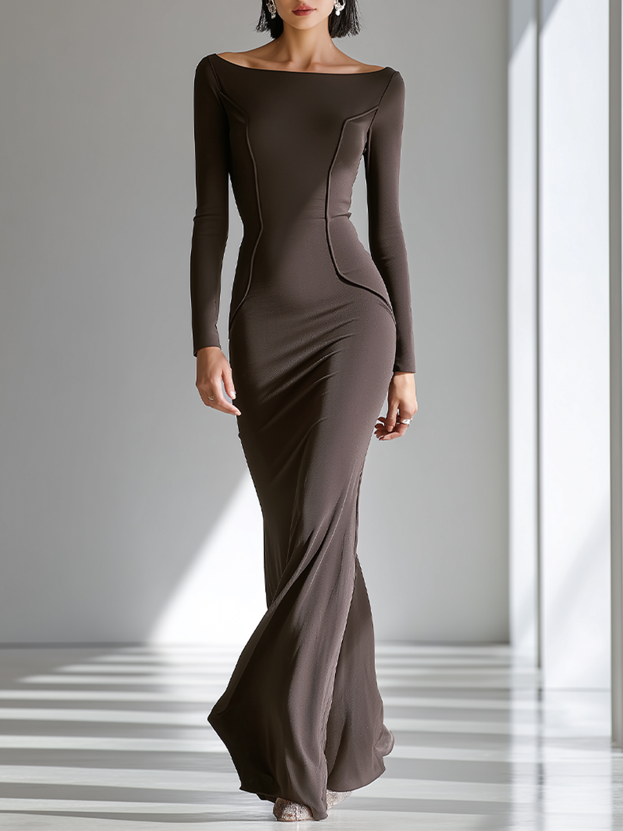 Women's Chocolate Brown Figure-Hugging Jersey Gown With Wide Boat Neck & Vertical Contour Seams, Contemporary Versatile Cocktail Floor Length Dress MDZ2653F0LYL
