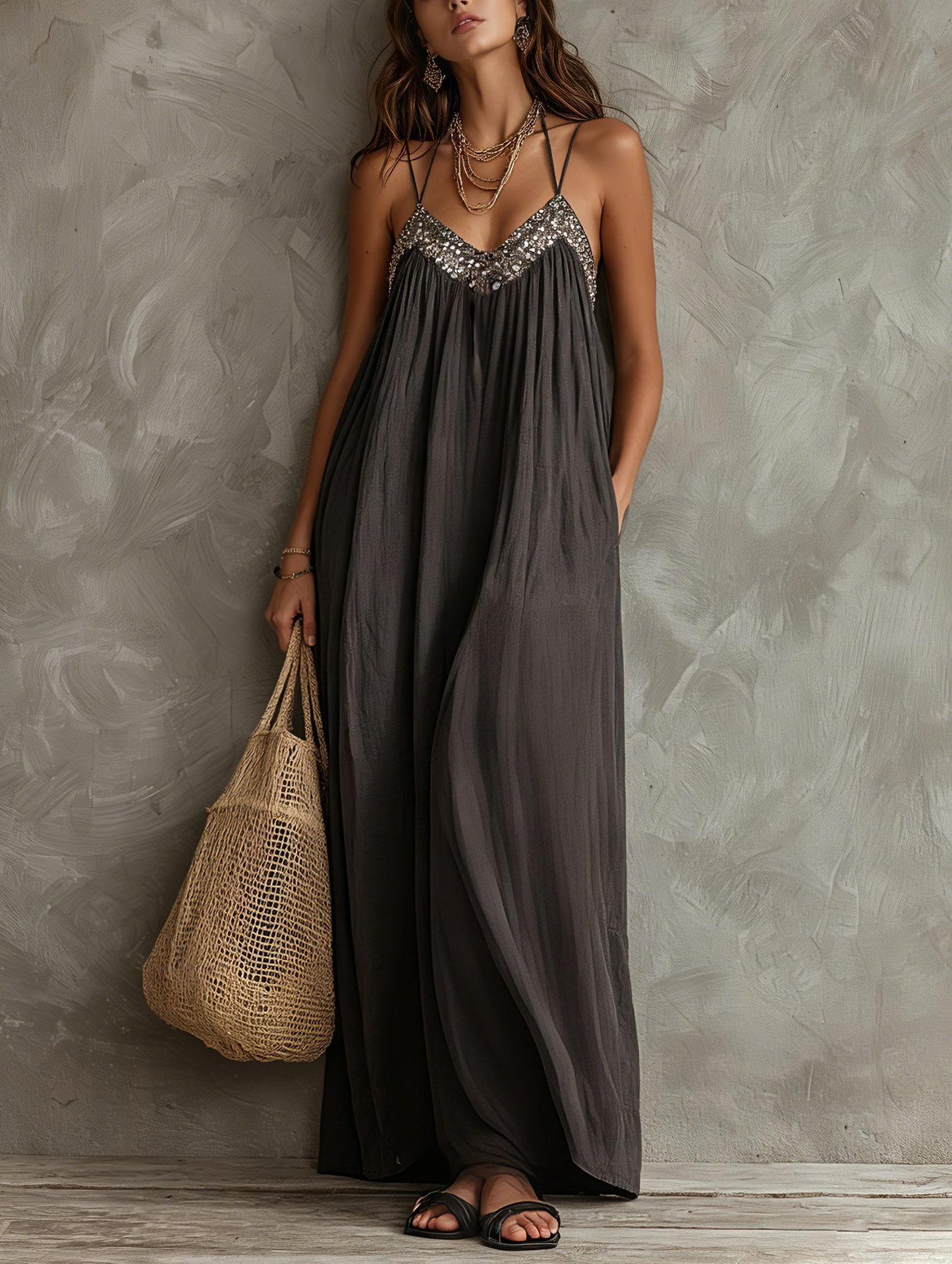 Women's Casual Dark Grey Woven V-neck Maxi Dress Featuring Sequined Camisole-style Splicing MDZ2635F6LXY