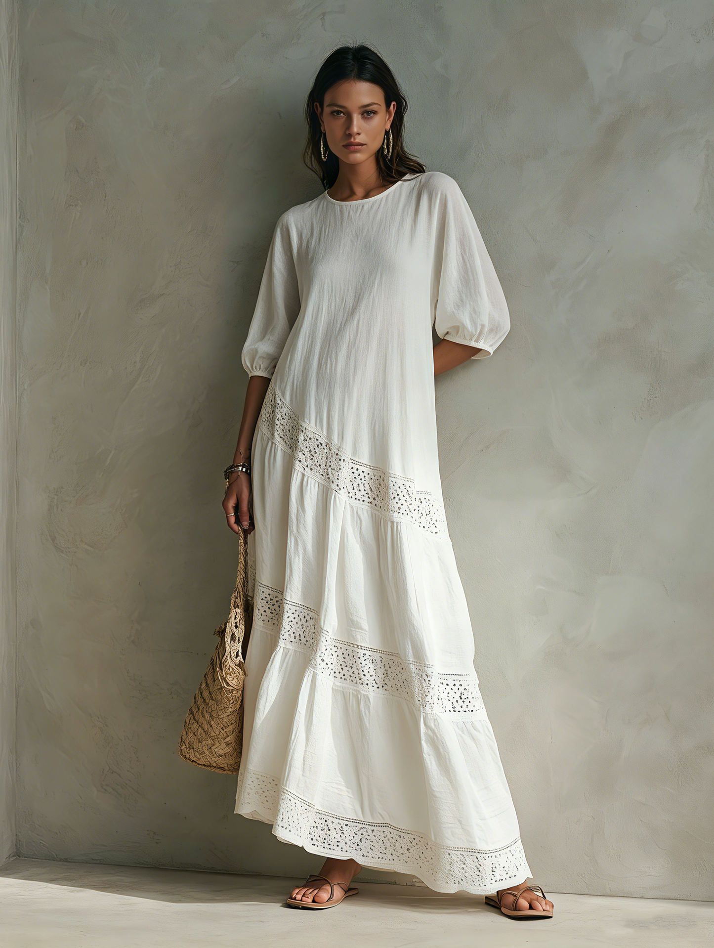 Women's Casual White Woven Midi Dress With A Round Neck And Mid-length Sleeves MDZ2601F8LXY