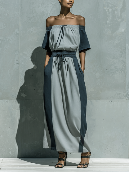 Women’s Two Tone Grey Off The Shoulder Short Sleeve Drawstring Waist Color Block Loose Maxi Dress With Side Pockets MDZ2924F0T