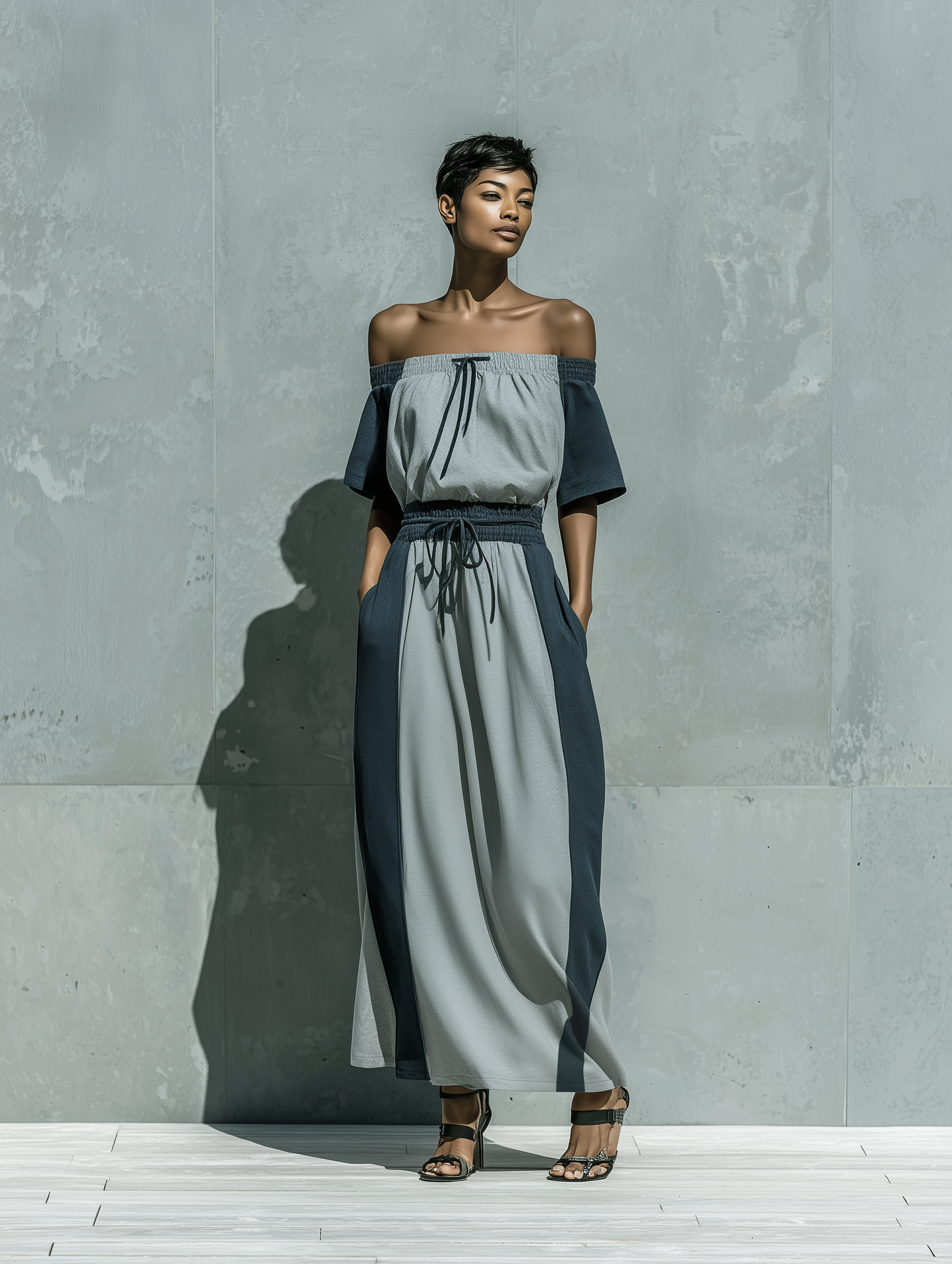 Women’s Two Tone Grey Off The Shoulder Short Sleeve Drawstring Waist Color Block Loose Maxi Dress With Side Pockets MDZ2924F0T