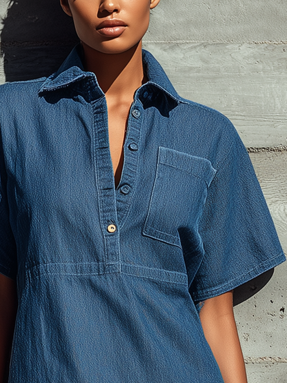 Women’s Vintage Blue Denim Collar Half Button Down Pocket Loose Frayed Hem Mini Shirt Dress MDZ2952F4T