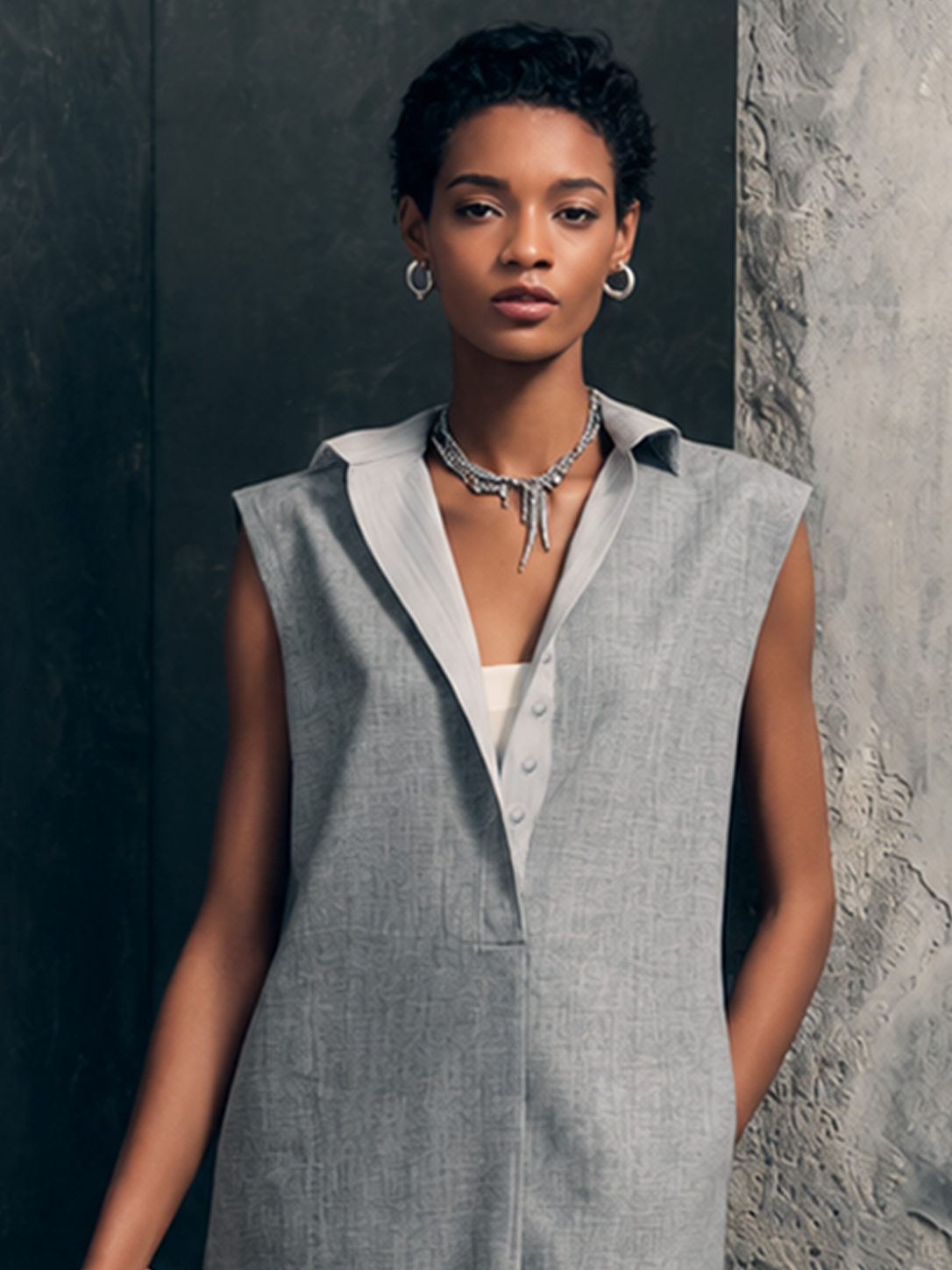 Women's Casual Light Gray Linen Cotton Lapel Half Placket Straight Mini Sleeveless Dress MDZ2692F1GMJ