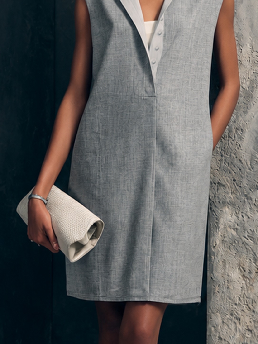 Women's Casual Light Gray Linen Cotton Lapel Half Placket Straight Mini Sleeveless Dress MDZ2692F1GMJ