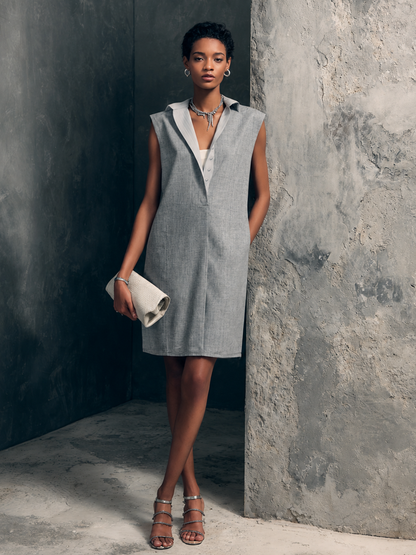 Women's Casual Light Gray Linen Cotton Lapel Half Placket Straight Mini Sleeveless Dress MDZ2692F1GMJ