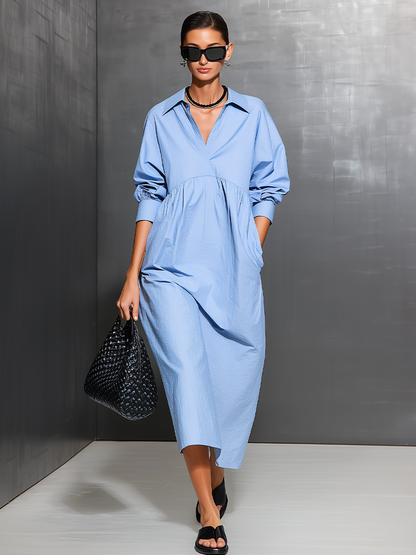 Women's Light Blue Cotton-Blend Oversized Dress With Puffed Cuff Long Sleeves & Side Pockets, Modern Effortless-Chic Daily Shirt Dress MDZ3027F3LYL