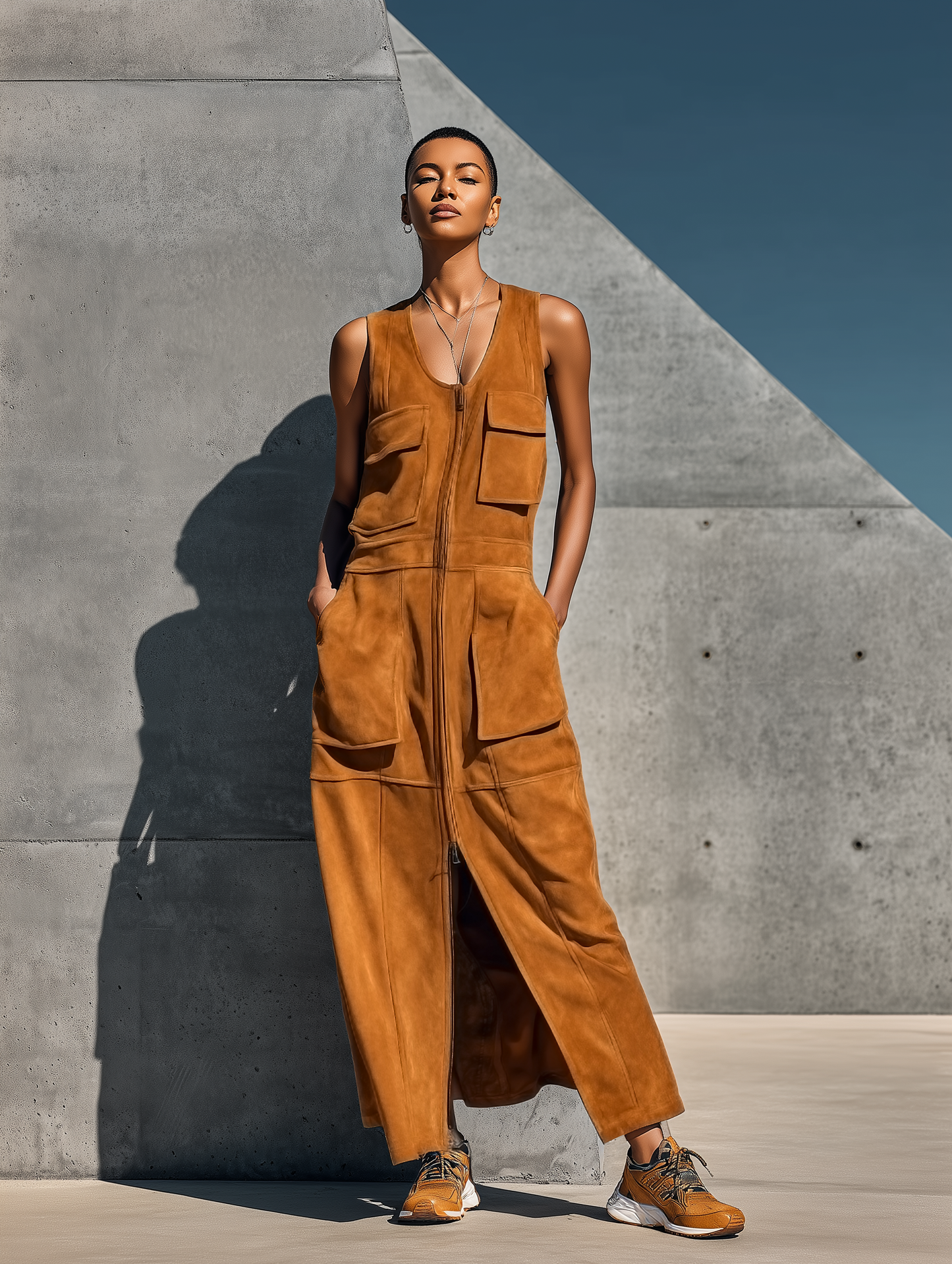 Women’s Camel Faux Suede Sleeveless U-Neck Full Front Zip Multi Patch Pockets Side Split Maxi Cargo Dress With Side Pockets MDZ3041F4T
