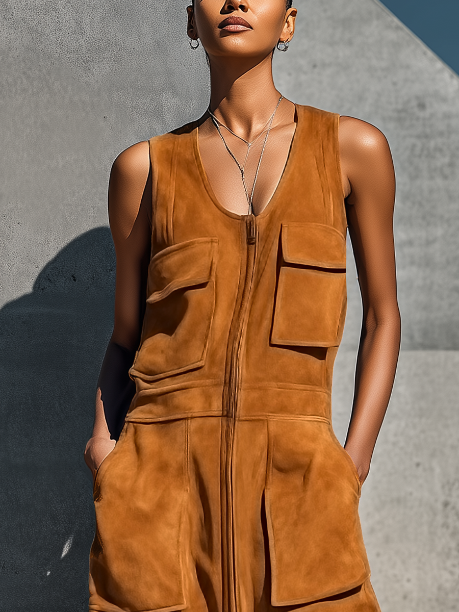 Women’s Camel Faux Suede Sleeveless U-Neck Full Front Zip Multi Patch Pockets Side Split Maxi Cargo Dress With Side Pockets MDZ3041F4T