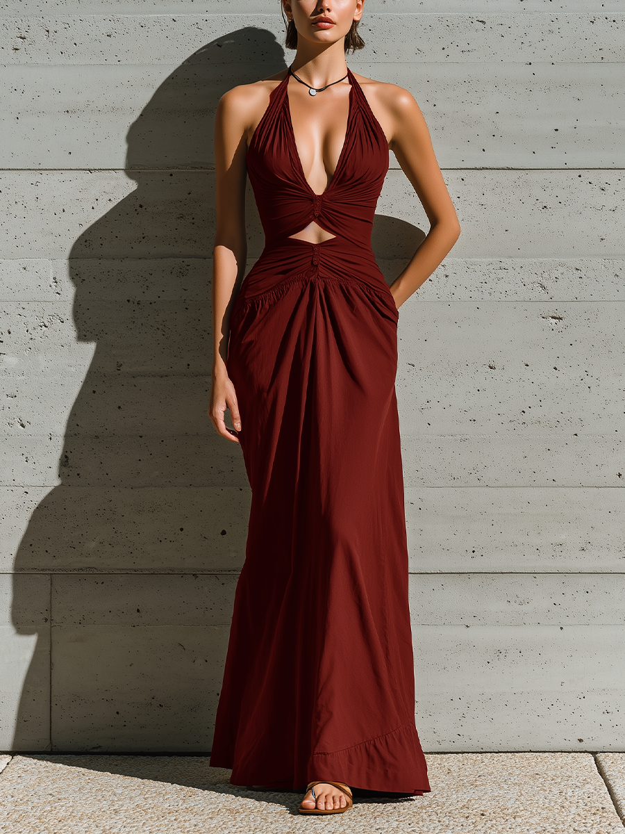 Women’s Burgundy Halter Deep V Twist Ruched Cutout Waist Side Pocket Maxi Dress MDZ3059F0T
