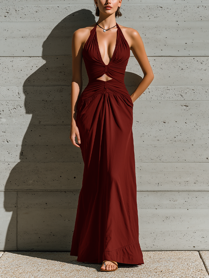 Women’s Burgundy Halter Deep V Twist Ruched Cutout Waist Side Pocket Maxi Dress MDZ3059F0T