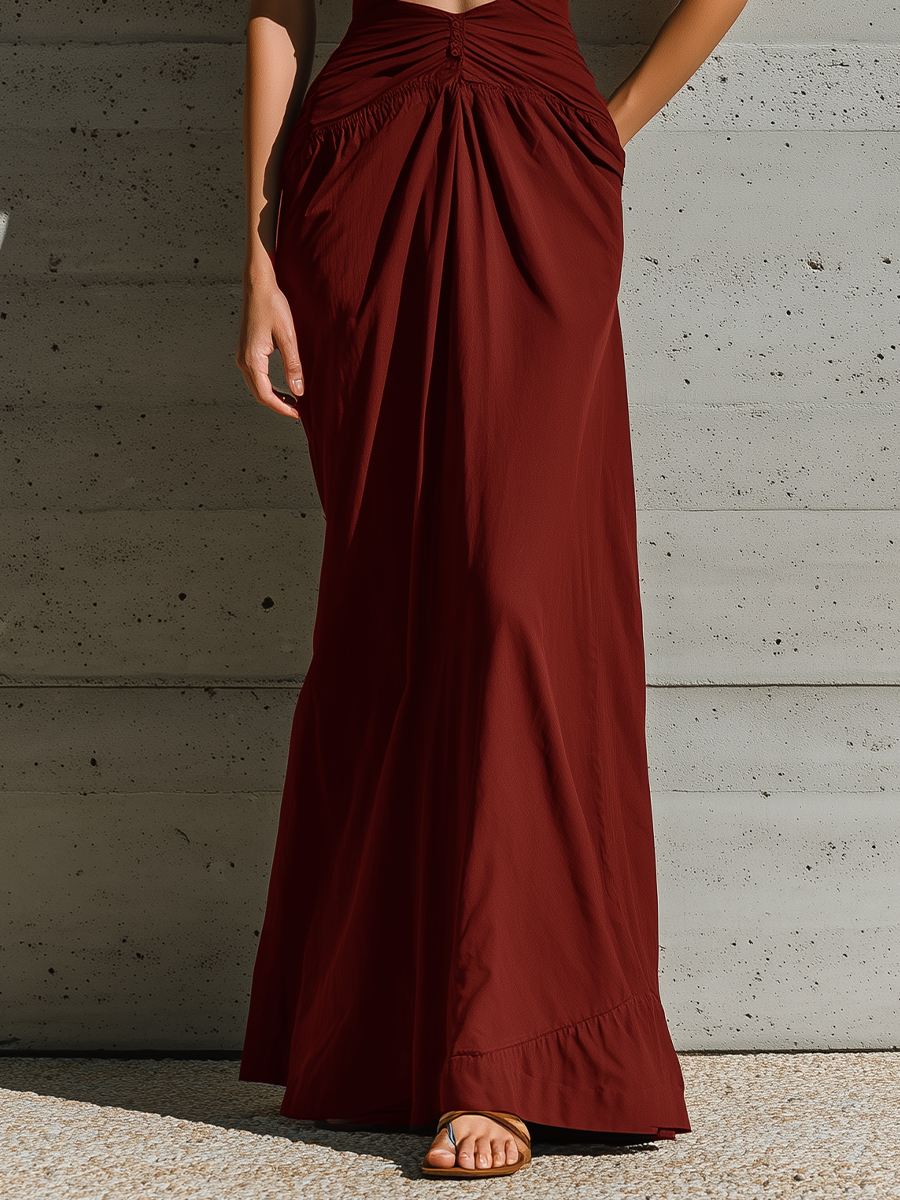Women’s Burgundy Halter Deep V Twist Ruched Cutout Waist Side Pocket Maxi Dress MDZ3059F0T