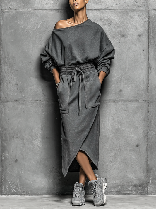 Women's Dark Grey Off-shoulder Sweatshirt-style Dress With A Drawstring Waist And Asymmetric Hem MDZ3039F2T
