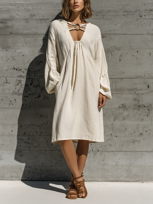 Women’s Resort Wear Beige Linen Oversized Long Bubble Sleeve Front Ring Cutout Flowy Midi Shift Dress MDZ3060F0T