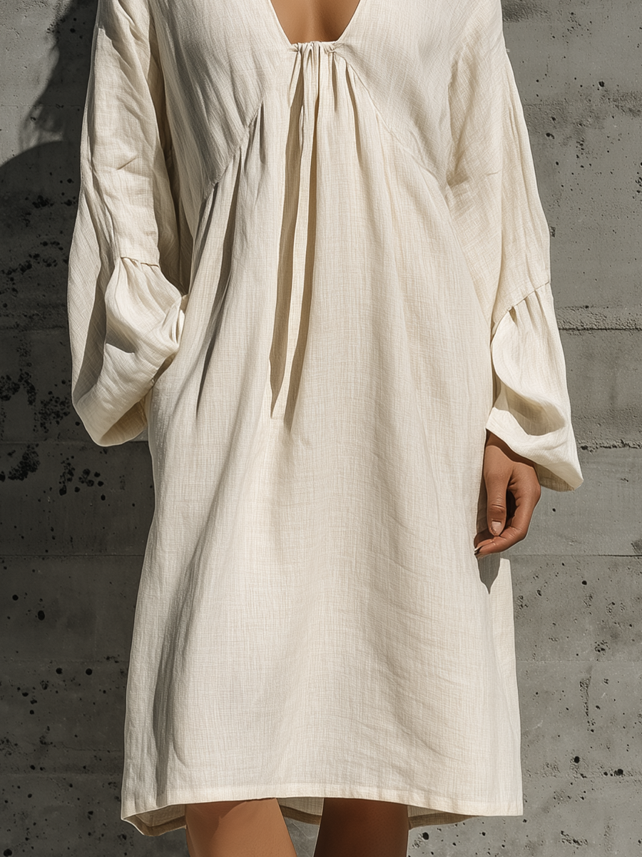 Women’s Resort Wear Beige Linen Oversized Long Bubble Sleeve Front Ring Cutout Flowy Midi Shift Dress MDZ3060F0T