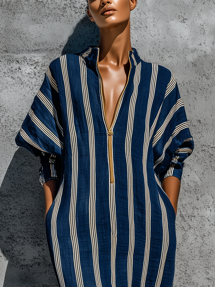 Women’s Navy White Vertical Stripe Linen Stand Collar Gold Half Zip Cuffed Batwing Sleeve Loose Midi Kaftan Dress With Side Pockets MDZ3034F9T