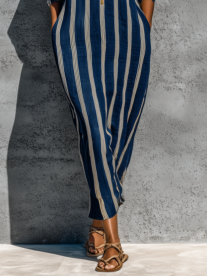 Women’s Navy White Vertical Stripe Linen Stand Collar Gold Half Zip Cuffed Batwing Sleeve Loose Midi Kaftan Dress With Side Pockets MDZ3034F9T