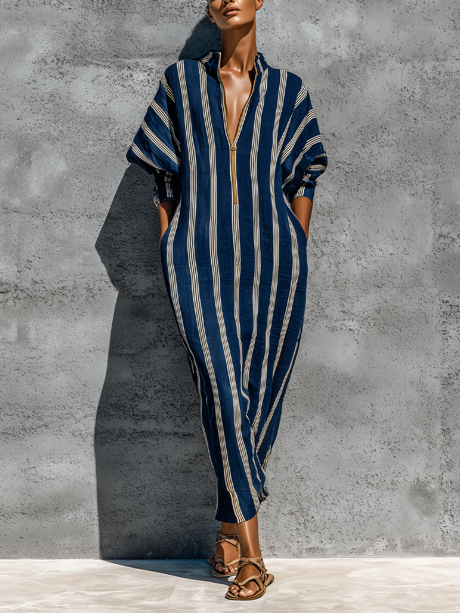 Women’s Navy White Vertical Stripe Linen Stand Collar Gold Half Zip Cuffed Batwing Sleeve Loose Midi Kaftan Dress With Side Pockets MDZ3034F9T