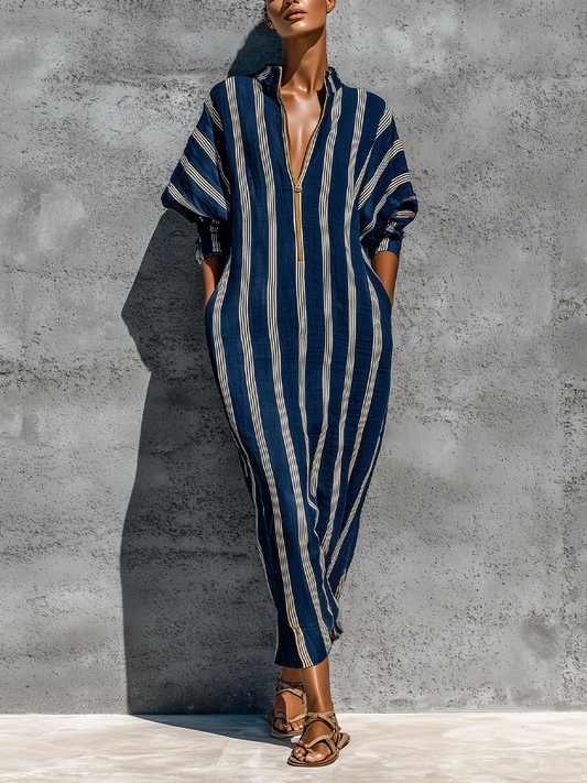 Women’s Navy White Vertical Stripe Linen Stand Collar Gold Half Zip Cuffed Batwing Sleeve Loose Midi Kaftan Dress With Side Pockets MDZ3034F9T