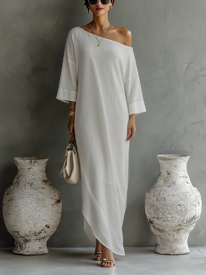 Women's Ivory White Cotton-Linen Blend One-Shoulder Flowing Elegant Dress MDA3032K4T