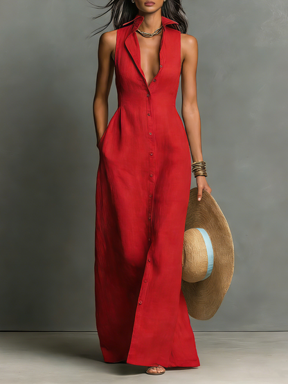 Women's Minimalist Linen-Blend Collared Single-Breasted Sleeveless Maxi Shirt Dress MDZ1011C0Y